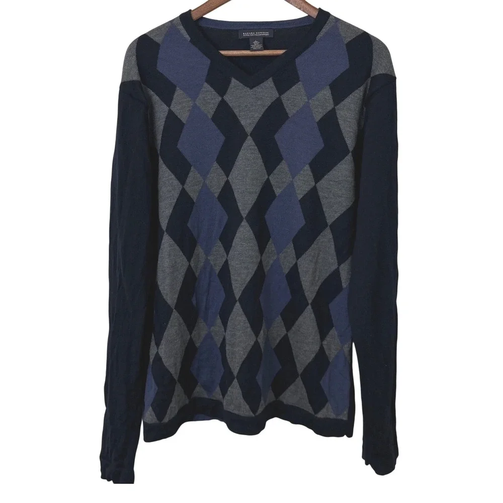Banana Republic Sweater Men's M/L Extra Fine Merino Wool Blue Argyle Y2K Vintage